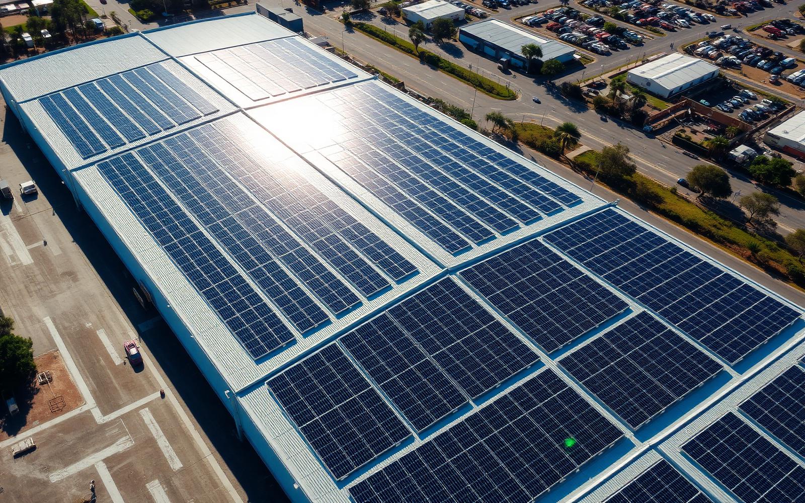 Aerial view of a warehouse roof covered in solar panels