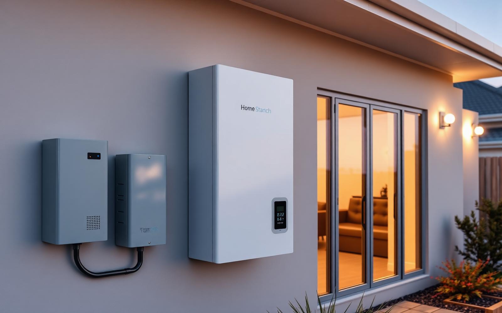 Wall-mounted home battery beside an inverter at dusk